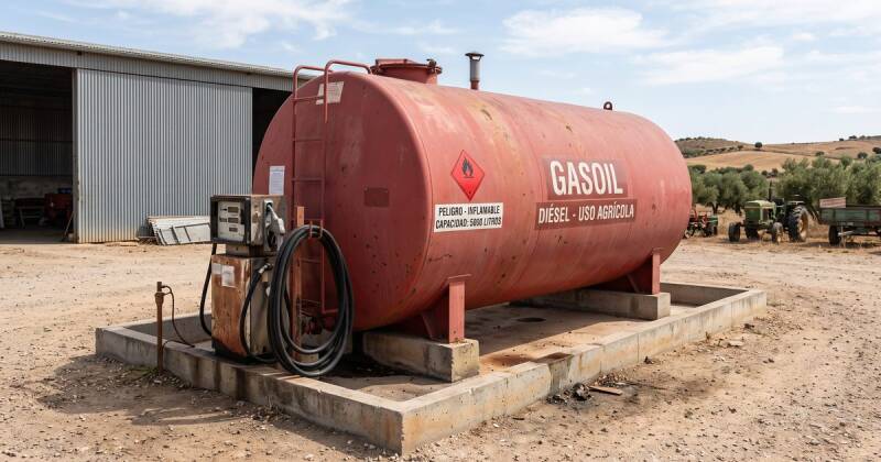Depósito de gasoil agrícola con surtidor en una explotación, expuesto a la contaminación microbiana