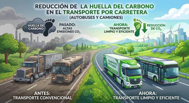 Reducción de la huella de carbono en el transporte por carretera: camión y autobús contaminantes frente a camión y autobús limpios y eficientes