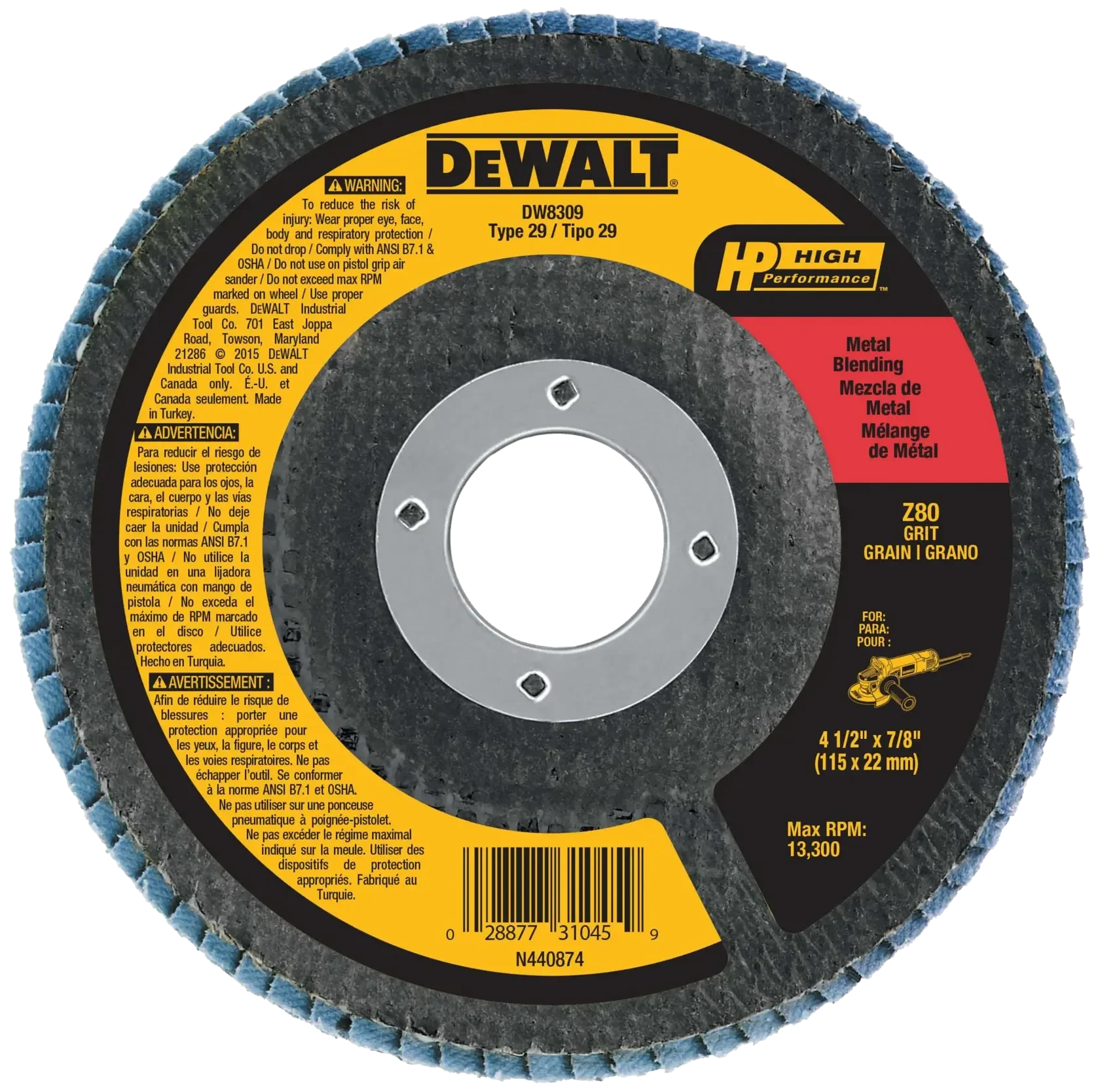 DEWALT® Disco Laminado de Zirconia Base de Fibra de 4-1/2" (115mm) para Corte en Metal/Inox Grano Z80