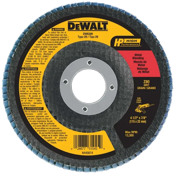 DEWALT® Disco Laminado de Zirconia Base de Fibra de 4-1/2" (115mm) para Corte en Metal/Inox Grano Z80