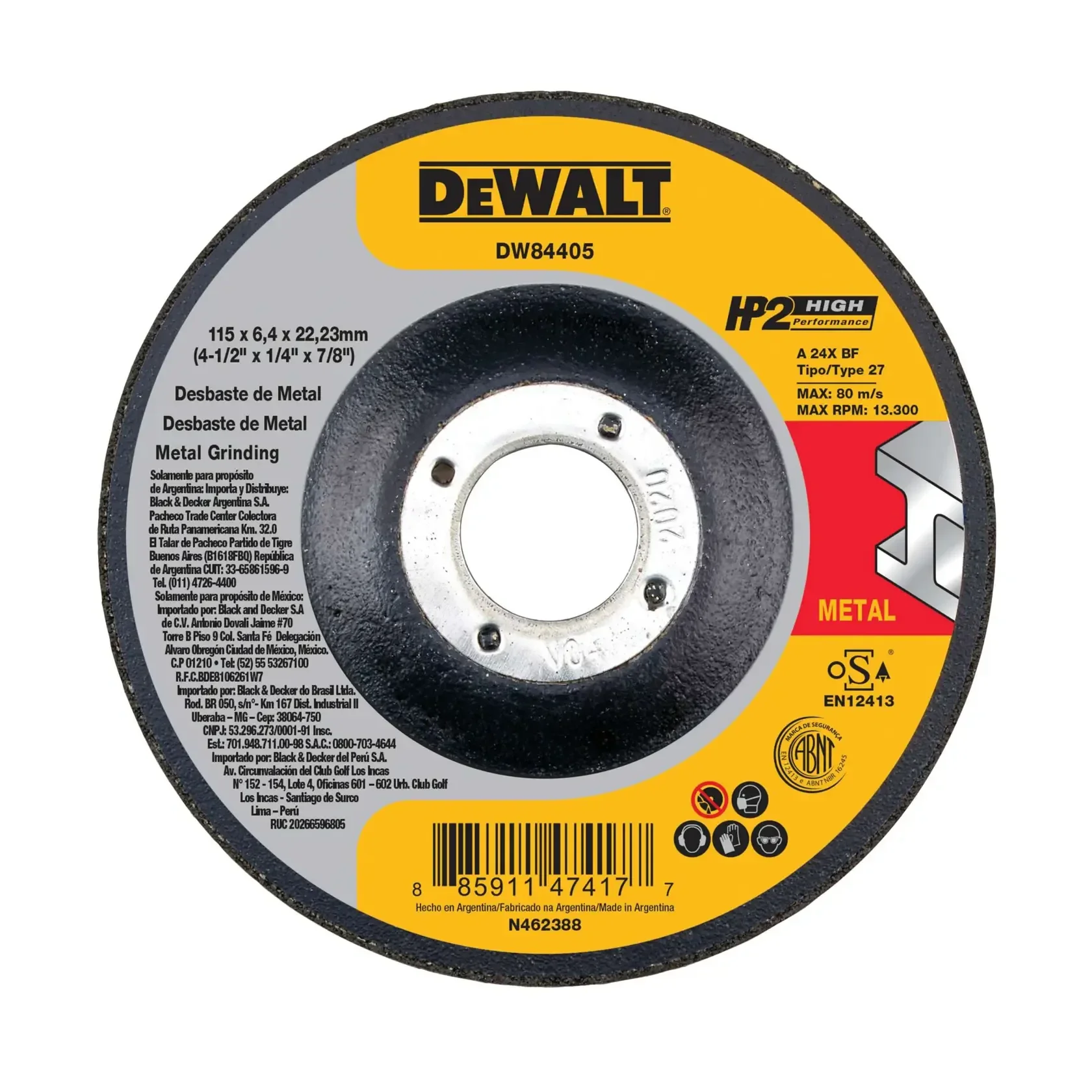 DEWALT® Disco Abrasivo HP2 de 4-1/2" (115mm) x 1/4" (6.4mm) x 7/8" (22.2mm) T27 para Corte en Metal