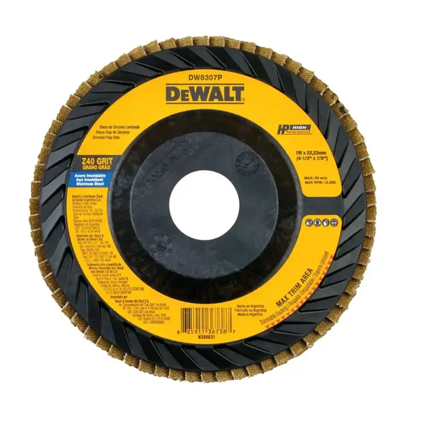 DEWALT® Disco Laminado de Zirconia Base de Fibra de 4-1/2" (115mm) para Corte en Metal/Inox Grano Z40