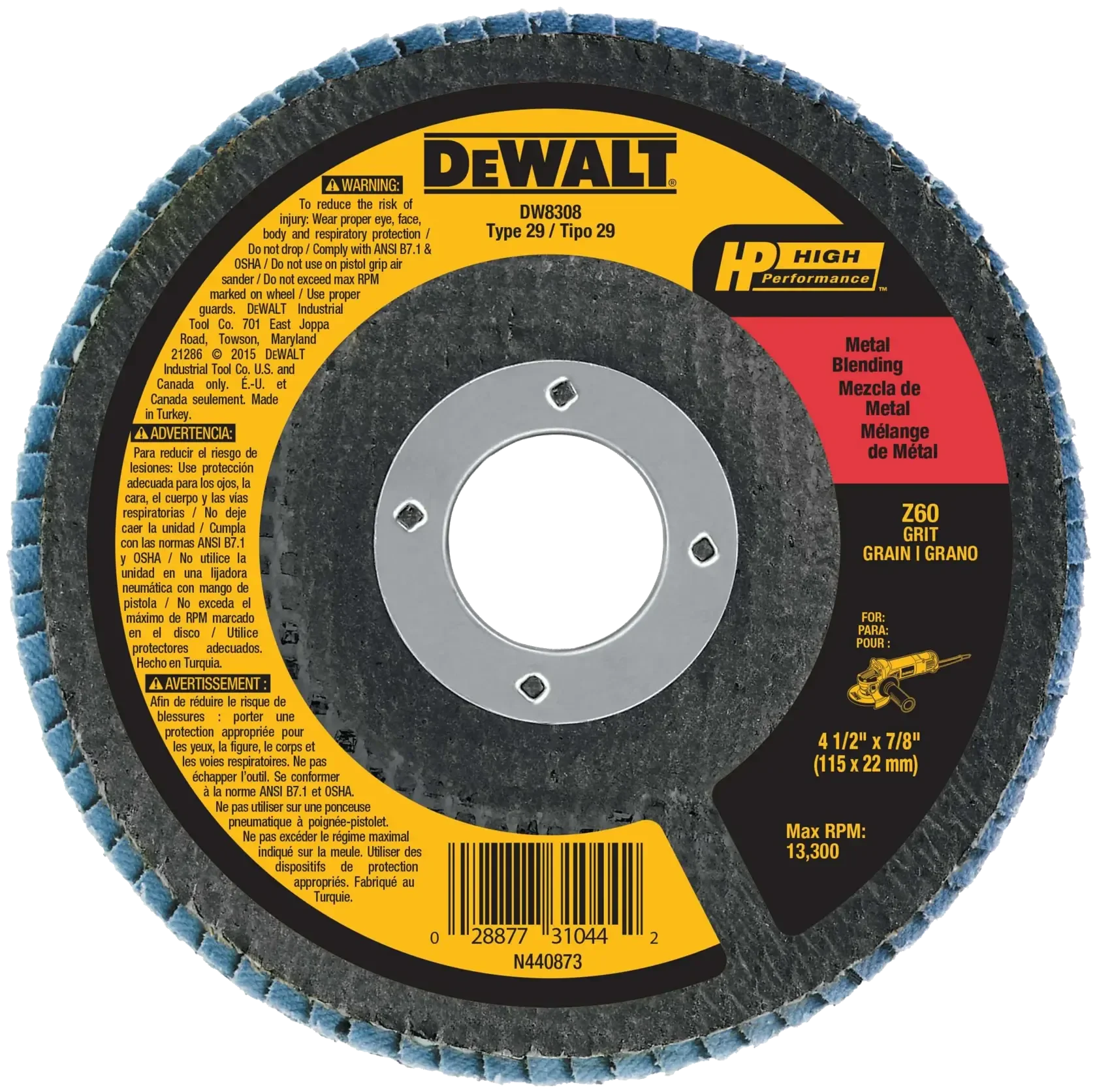 DEWALT® Disco Laminado de Zirconia Base de Fibra de 4-1/2" (115mm) para Corte en Metal/Inox Grano Z60