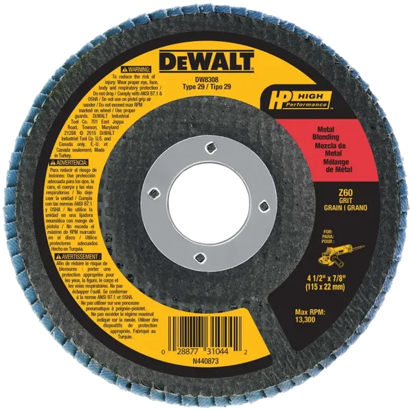 DEWALT® Disco Laminado de Zirconia Base de Fibra de 4-1/2" (115mm) para Corte en Metal/Inox Grano Z60