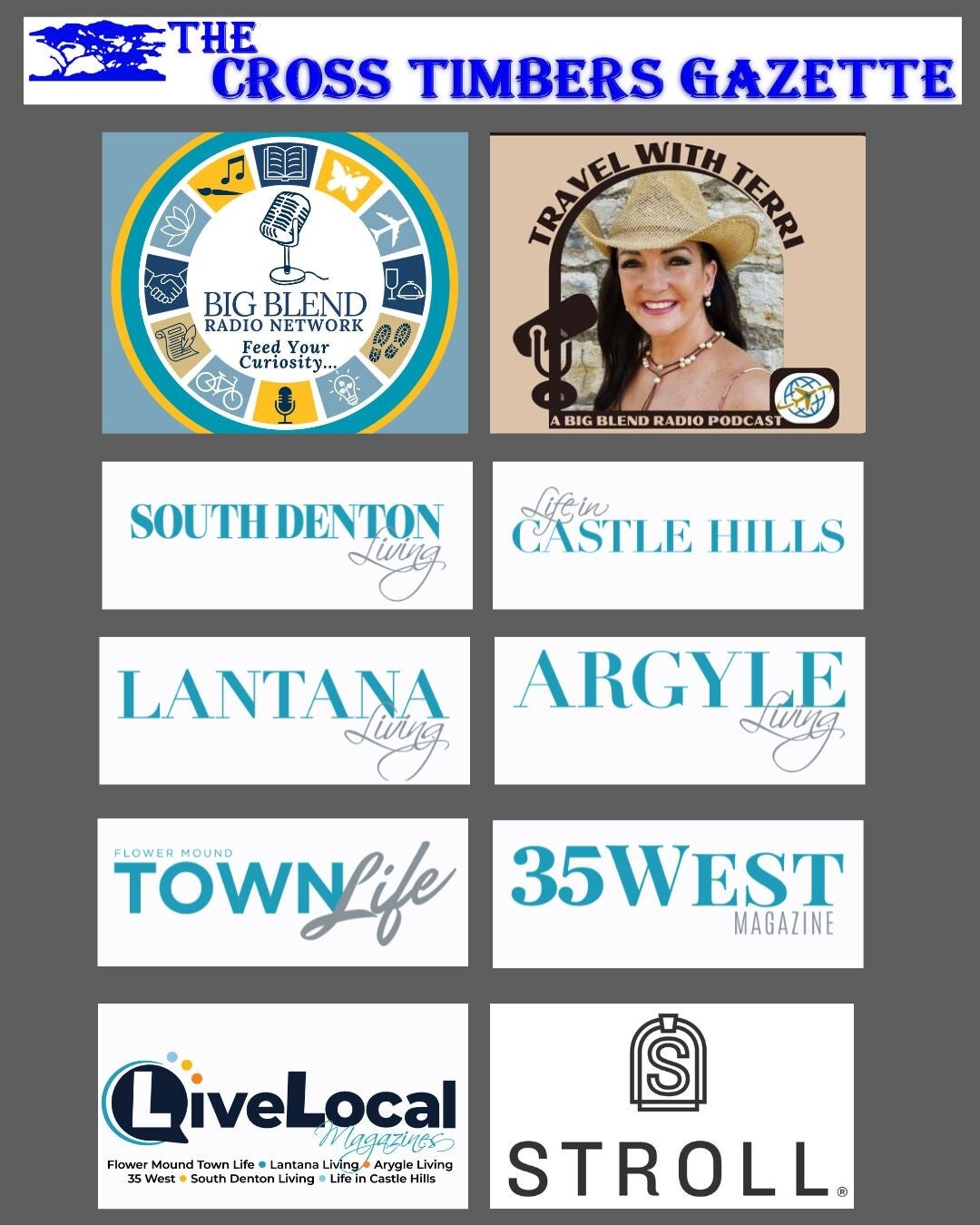 A media collage showcasing logos of major publications featuring Terri Guthrie's travel features, including Murray Media Group, Cross Timbers Gazette, Stroll Magazine, and Big Blend Media.