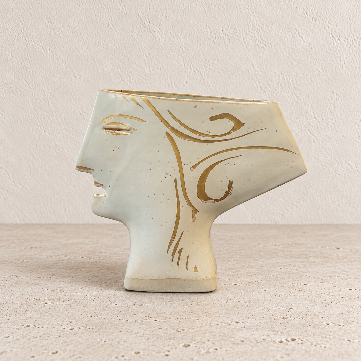 Vase visage en grès émaillé à double profil féminin – vers 1960