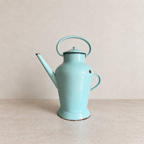 Arrosoir lyonnais ancien en tôle émaillée turquoise