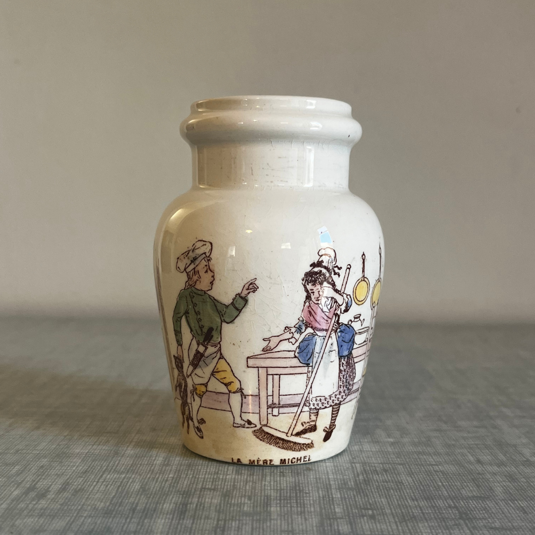 Pot à moutarde ancien “La Mère Michel” – faïence de Lunéville
