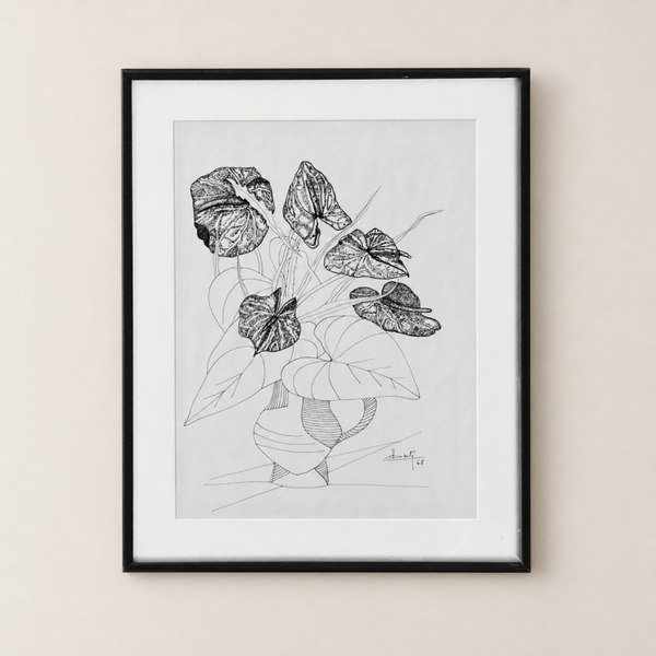 Bouquet d’anthuriums – dessin à l’encre de Chine signé Berte (1968)