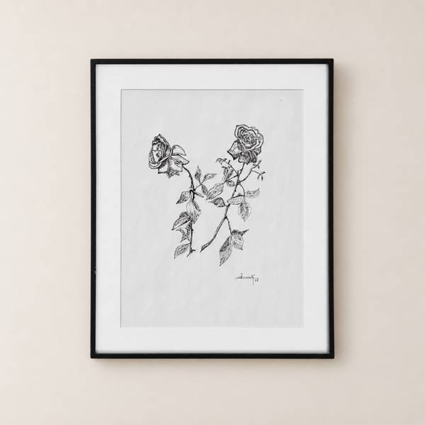 Les roses – dessin à l’encre de Chine signé Berte (1968)