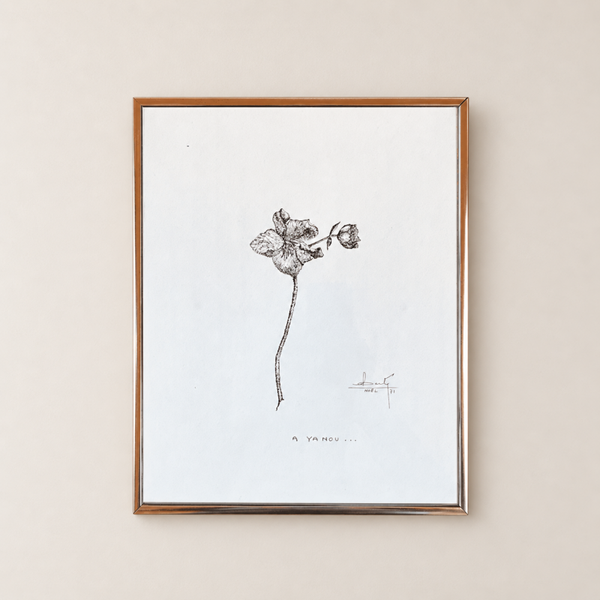 Branche fleurie – dessin à l’encre de Chine signé Berte (1968)