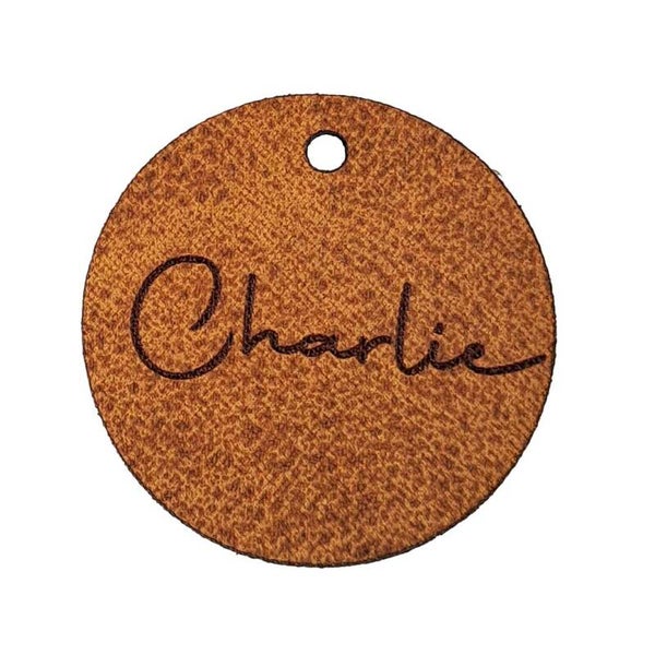 Rond label in Mississippi Leder met gravure - 20st