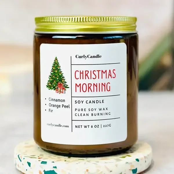 Bougie en cire de soja Cannelle, Orange et Sapin – Matin de Noël, 8 oz
