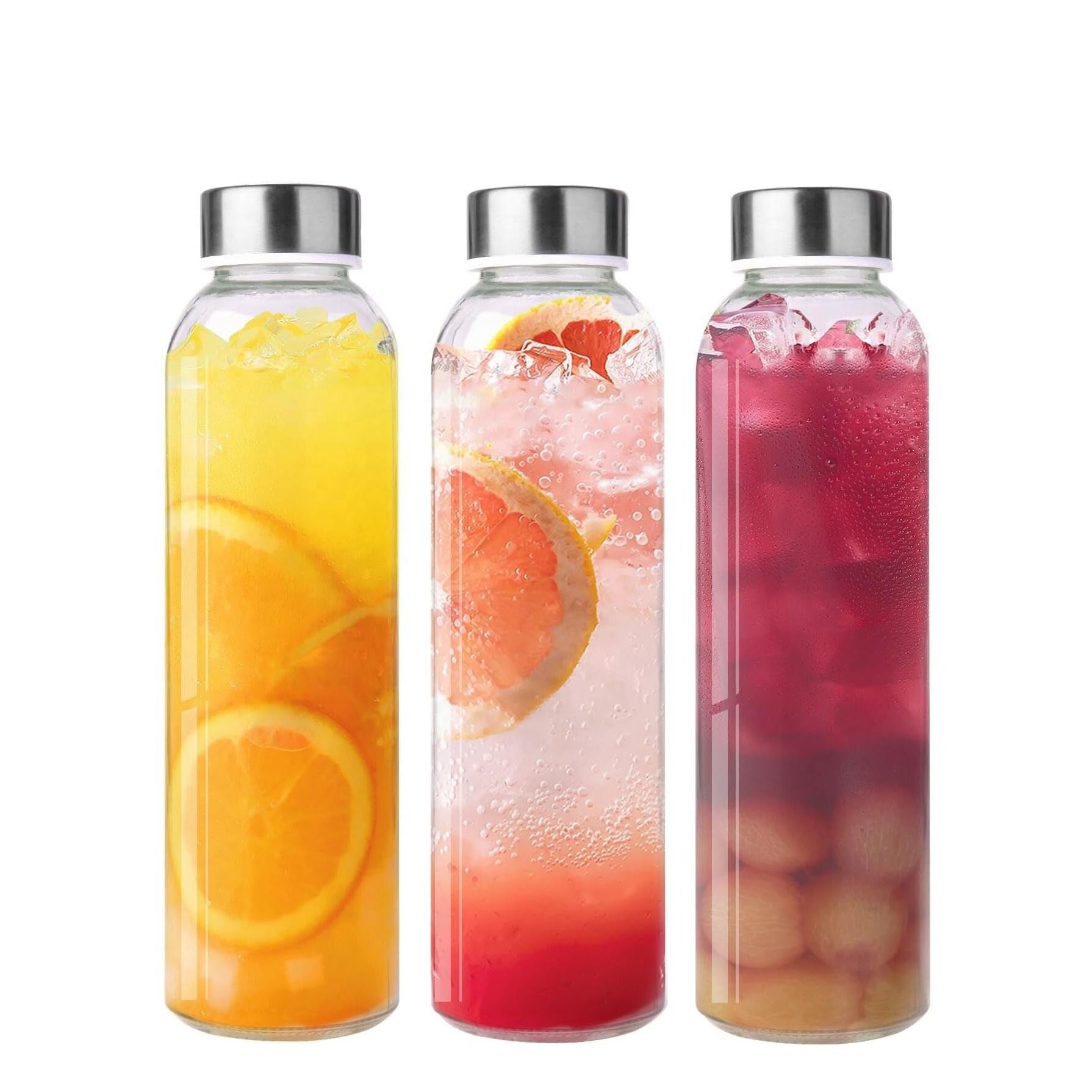 Pack X3 18 oz Clear Glass Bottles with Lids, Water Bottles with Stainless Steel Lids for Juices, BPA Free, Juice Water Bottle