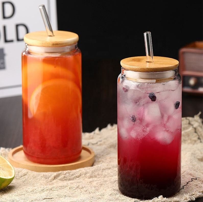 Hot Selling 12 oz 16 oz Borosilicate Glass Can Cup, Pint Tumbler With Bamboo Straw and Lid Straw Glass Cup