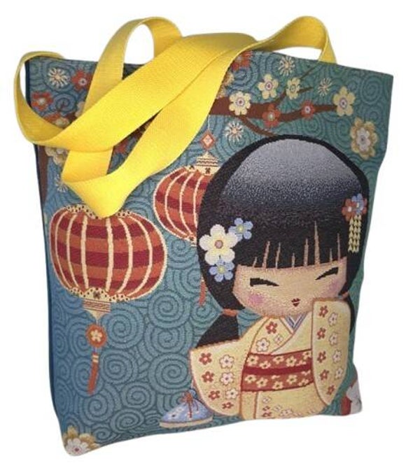 Sacs tote bags cousus main | Kokeshi bleu | Créations artisanales en tissu