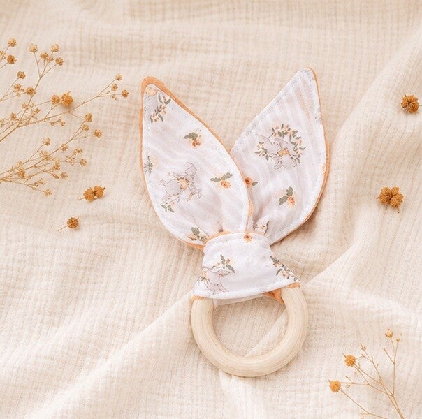 Anneau de préhension bébé en bois et tissu – Création artisanale – Cadeau naissance, Modèle Petit Kangourou