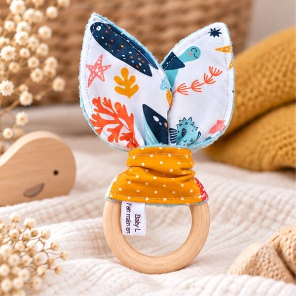 Anneau de préhension bébé en bois et tissu – Création artisanale – Cadeau naissance, Modèle Animaux marins