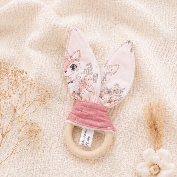 Anneau de préhension bébé en bois et tissu – Création artisanale – Cadeau naissance, Modèle Renarde