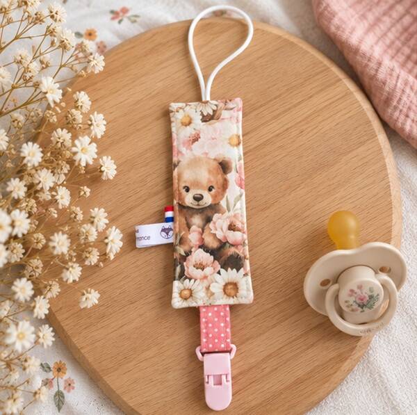 Attache-tétine bébé – Création artisanale cousue main – Collection Forêt fleurie