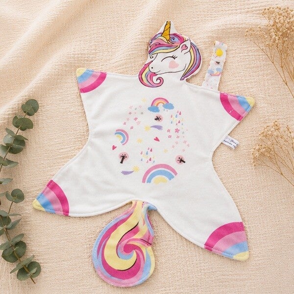 Doudou plat tout doux avec attache-tétine pour bébé – Création artisanale – Modèle Licorne