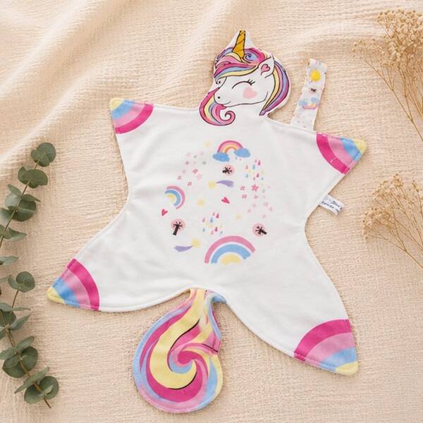 Doudou plat tout doux avec attache-tétine pour bébé – Création artisanale – Modèle Licorne