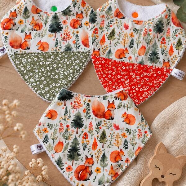 Bavoirs bandana bébé en coton et éponge – Cadeau naissance artisanal – Collection Promenade en forêt