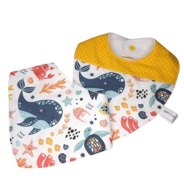 Bavoir bandana bébé en coton et éponge – Cadeau naissance artisanal – Collection Animaux marins