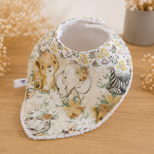 Bavoir bandana bébé en coton et éponge – Cadeau naissance artisanal – Collection Bébés animaux