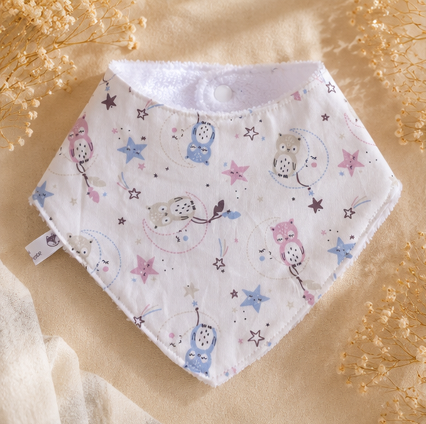Bavoir bandana bébé en coton et éponge – Cadeau naissance artisanal – Collection Chouettes