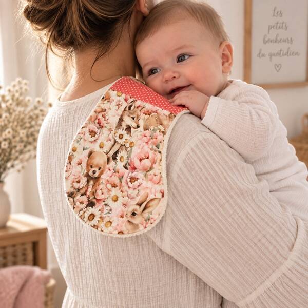 Bavoir épaule bébé en coton et éponge – Protection allaitement et biberon – Collection Forêt fleurie