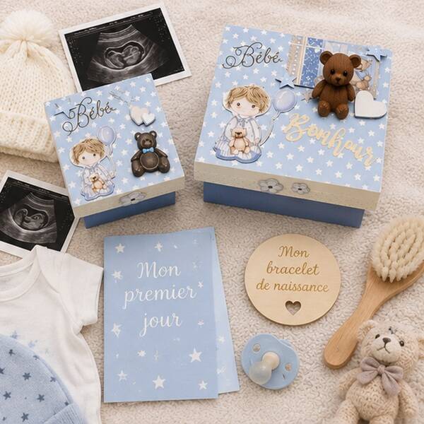Coffret souvenirs de naissance Doux Ourson – 2 boîtes – Pièce unique