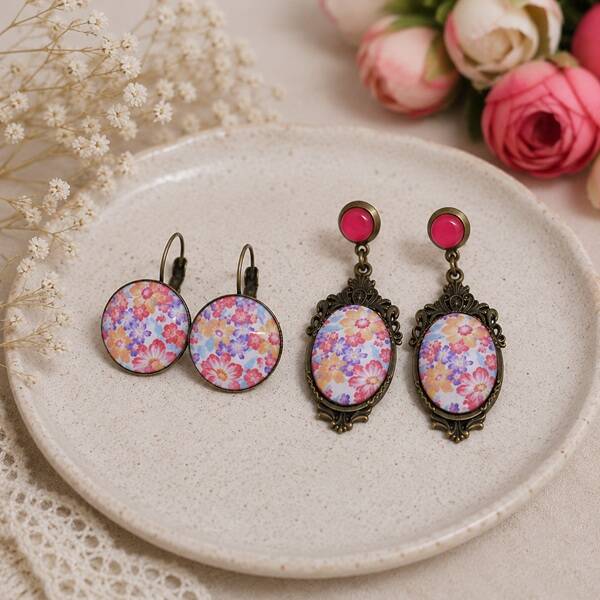 Boucles d'oreilles illustrées cabochon en verre – Marguerite du Cap – Dormeuses ou pendantes