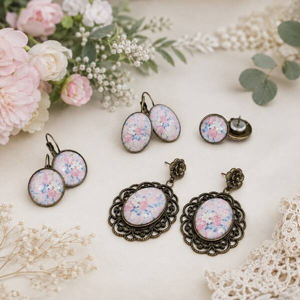Boucles d’oreilles illustrées cabochon en verre – Roses – 4 modèles au choix