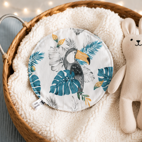 Bouillotte sèche artisanale déhoussable pour bébé – Création faite main – Modèle Animaux de la jungle