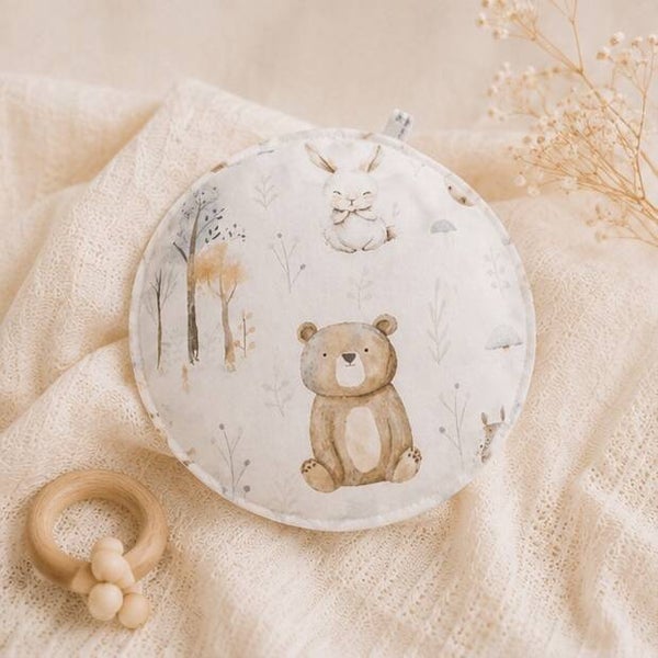 Bouillotte sèche artisanale déhoussable pour bébé – Création faite main – Modèle Animaux des bois