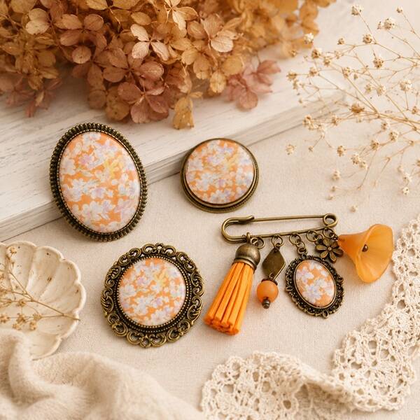 Broches illustrées cabochon en verre – Fleur d'Oranger – Broches florales vintage artisanales