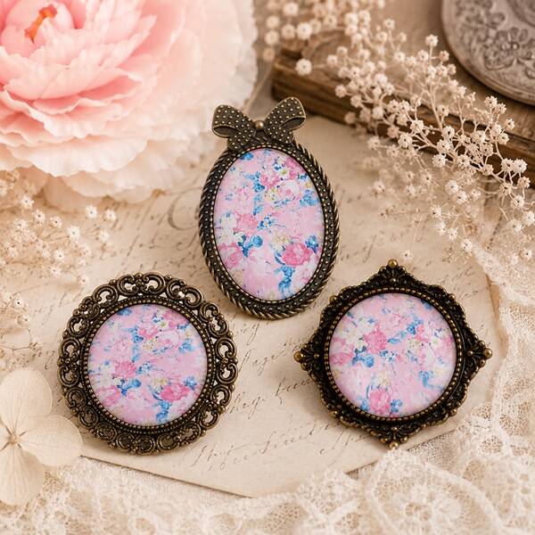 Broches illustrées cabochon en verre – Roses d'antan – Bijou artisanal