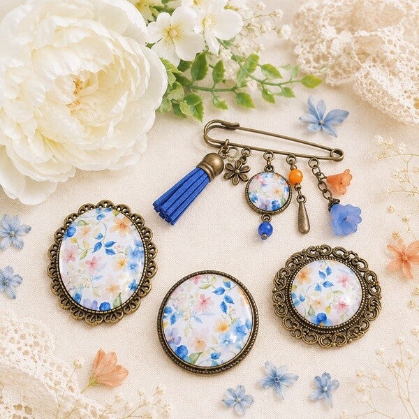 Broches illustrées cabochon en verre – Jardin d'aquarelle – Bijoux style vintage
