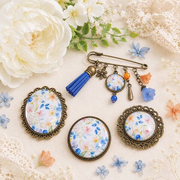 Broches illustrées cabochon en verre – Jardin d'aquarelle – Bijoux style vintage