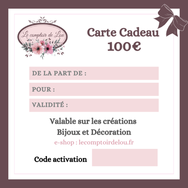 Carte cadeau, Créations bijoux et décoration, Montant 100 euros