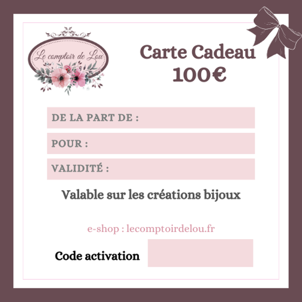 Carte cadeau, Créations bijoux et décoration, Montant 100 euros