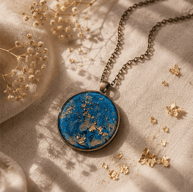 Collier en résine peint à la main médaillon rond – Ecume d'Azur – Bijou artisanal et poétique
