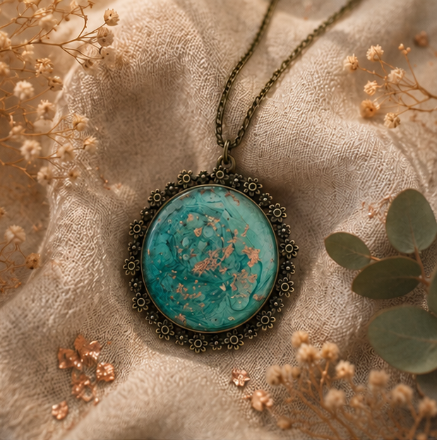 Collier en résine peint à la main médaillon rond - Ecume céleste - Bijou artisanal et poétique
