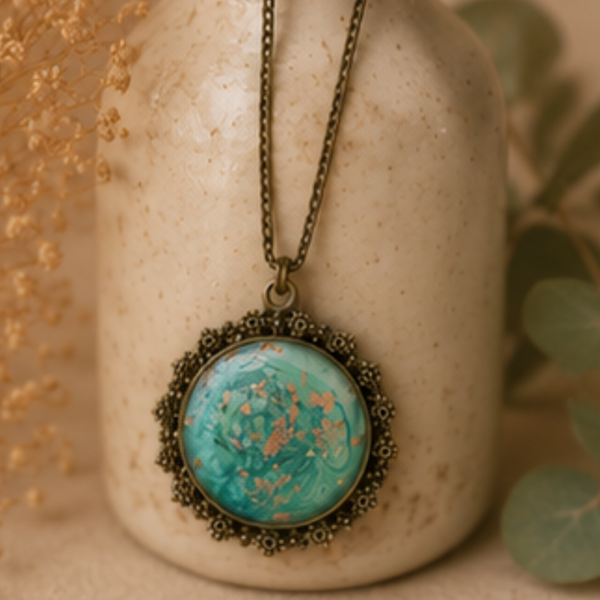 Collier en résine peint à la main médaillon rond - Ecume céleste - Bijou artisanal et poétique