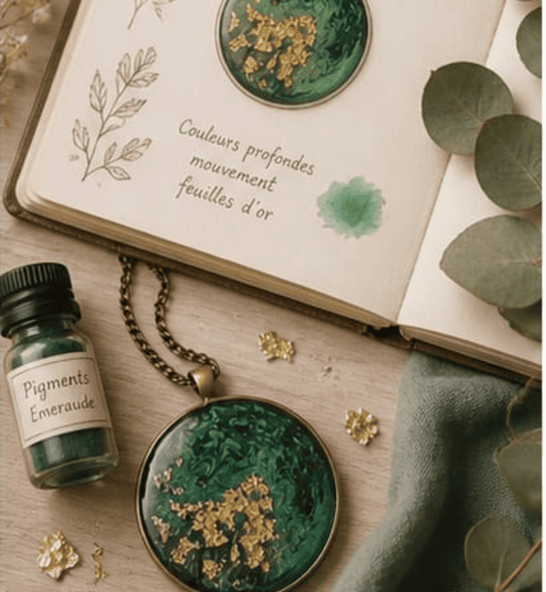 Collier en résine peint à la main médaillon rond – Amazonie dorée – Bijou artisanal et poétique