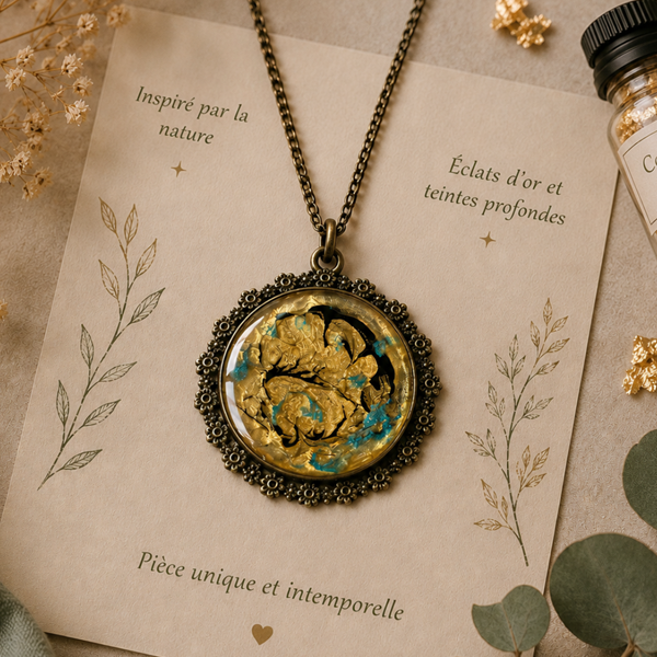 Collier en résine peint à la main médaillon rond - Eclat byzantin - Bijou artisanal et poétique