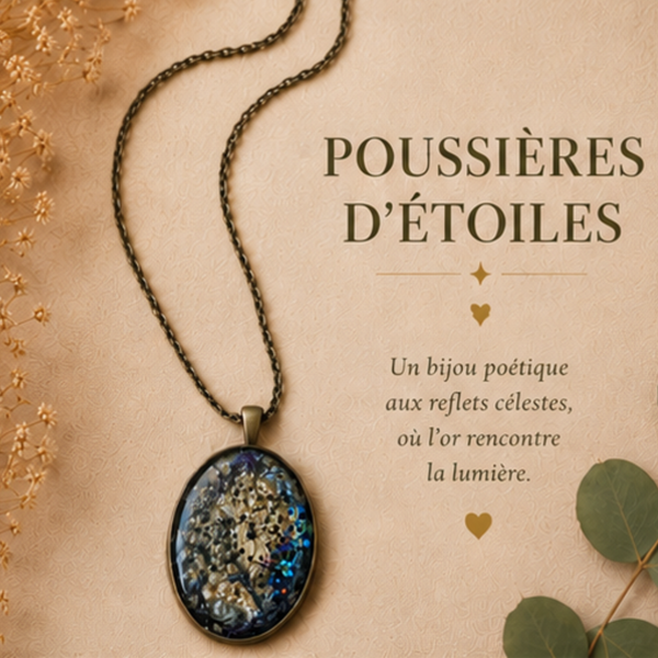 Collier en résine peint à la main médaillon ovale – Poussières d'étoiles – Bijou artisanal et poétique
