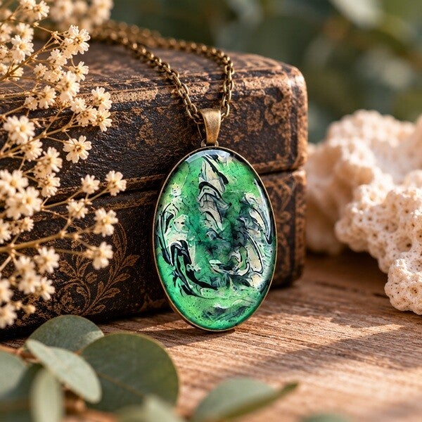 Collier en résine peint à la main médaillon ovale – Eclat de canopée – Bijou artisanal et poétique