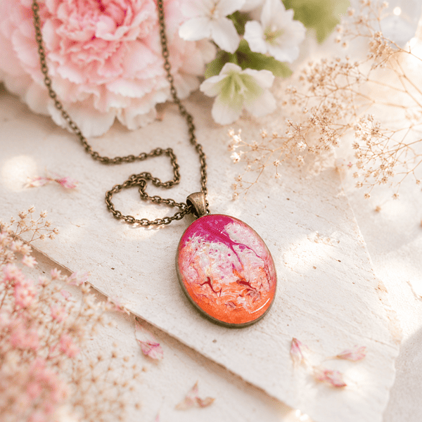 Collier en résine peint à la main médaillon Ovale – Aube Florale – Bijou artisanal et poétique